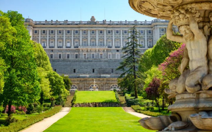 Madrid, Spain, May 5, 2021: Royal palace in Madrid, Campo del Moro Park.