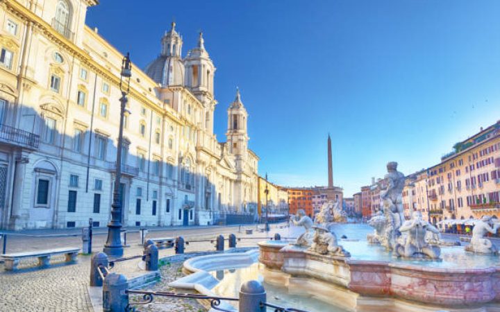 Piazza Navona at sunrise in Rome, Italy. Composite photo