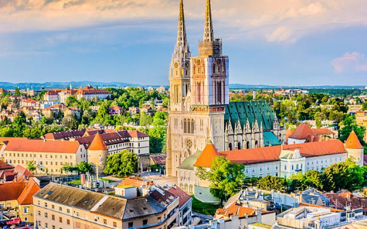 Aerial view on cathedral in Zagreb city, capital town of Croatia, european landmarks.